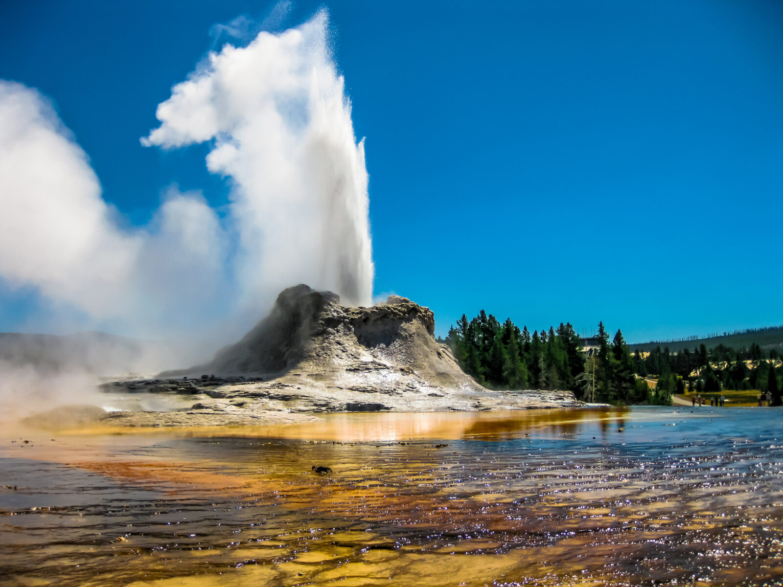 Castle Geyser erupts with hot water and steam with pools of thermophilic bacteria and is a cone geyser in the Upper Geyser Basin of Yellowstone National Park, Wyoming, United States.