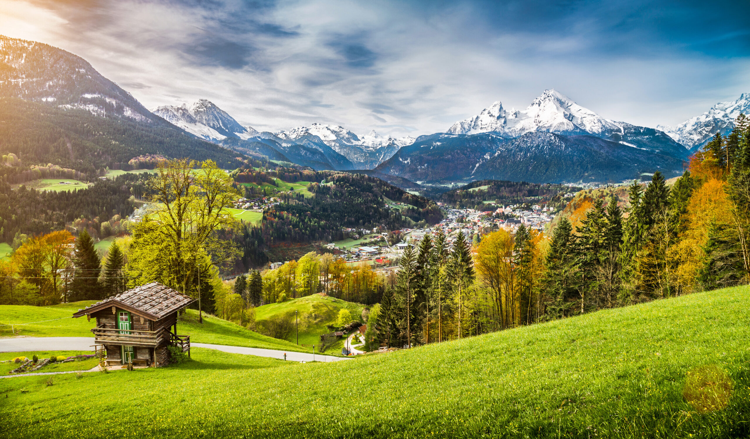 Scenic landscape with the village of Berchtesgaden and Watzmann mountain in the background, Nationalpark Berchtesgadener Land, Bavaria, Germany.
