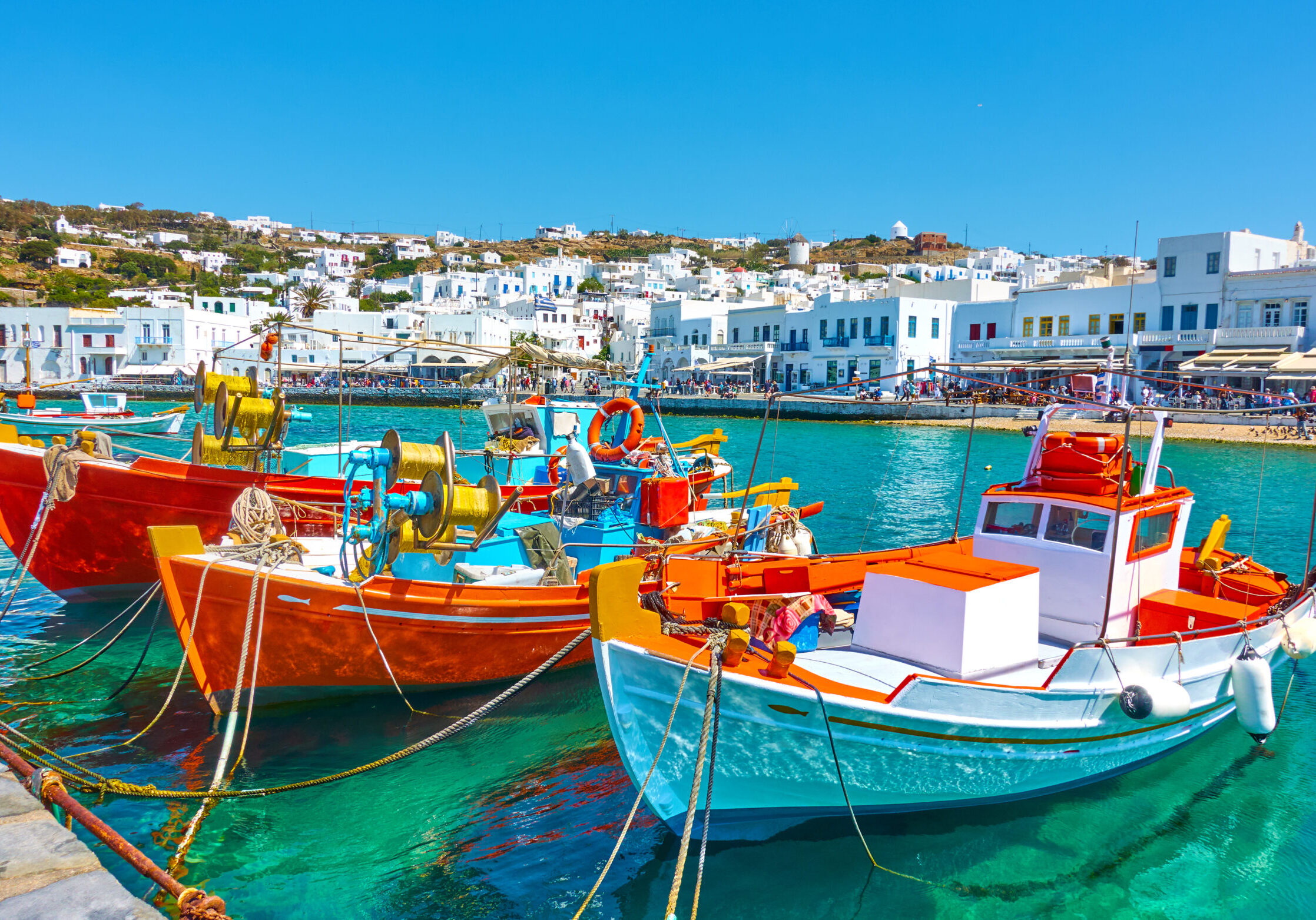 Port with old fishing boats and the waterfront in Mykonos Islang, Greece