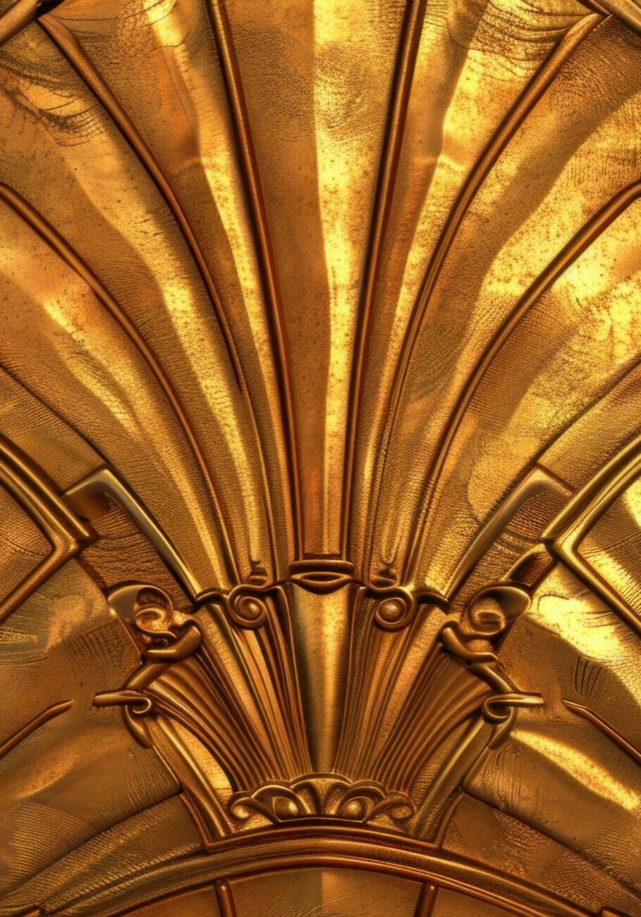 A gold leaf design is shown in a close up. 1920s art deco background with geometric shapes in gold. Concept Art Deco, 1920s, Geometric Shapes, Gold , Background
