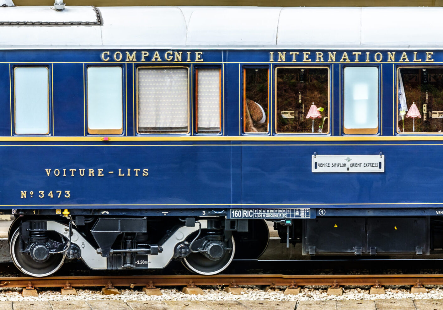 Ruse city, Bulgaria - August 29, 2017. The legendary Venice Simplon Orient Express is ready to depart from Ruse Railway station. Sleeper. The luxury train travels between Paris and Istanbul.